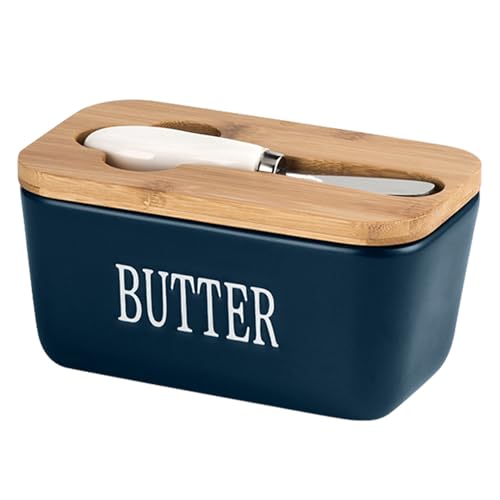 AMSLSIU Dunkelblaue Keramik Butterdose mit Holzdeckel