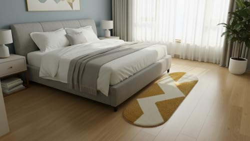 Image of Fluffy Silky Micro Fiber Polyster Carpet /Runner for Bedroom, Study Room, Playing Room, Guest Room ETC. 1.5x4 Feet, (Gold and Ivory Chevron Pattern)