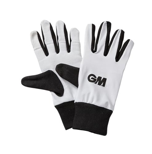 GM | Wicket Keeping Keeper Full Inner Gloves Cricket | Lycra Back with Padded Cotton Inner | Elasticated Wristband | White with Black Thumb, Cuff Trim & GM | Logo to Back | Junior | 1 Pair