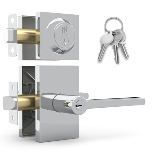 Mega Handles, Glamor Entry Combo, Entry Door Handle and Single Cylinder Deadbolt Lock and Key Combo Pack, Heavy Duty Locking Door Levers for Left or Right-Handed Doors - Polished Chrome by Mega Handles - Used condition - US$80.74