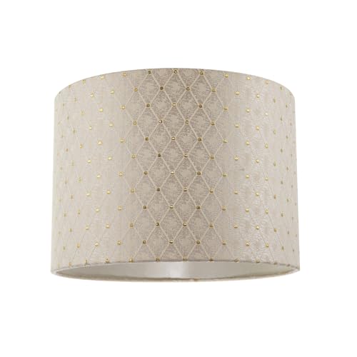 Light Taupe Jacquard Fabric 10 Inch Lamp Shade with Shiny Gold Diamonds and Dots | Luxurious Cream Soft Satin Inner Lining | 18cm x 25cm by Happy Homewares