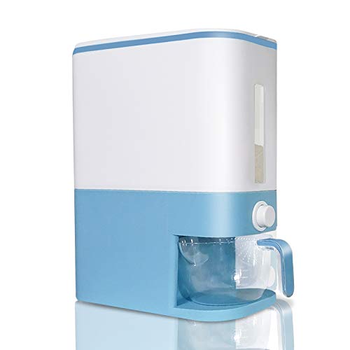 Rice Storage Container - 26.5 Lbs Large Cereal Dry Food Storage Box, Measurable Rice Cylinder, Automatic Rice Dispenser Grain Storage Bin, Household Rice Bucket with Lid and Measuring Cup (Blue)