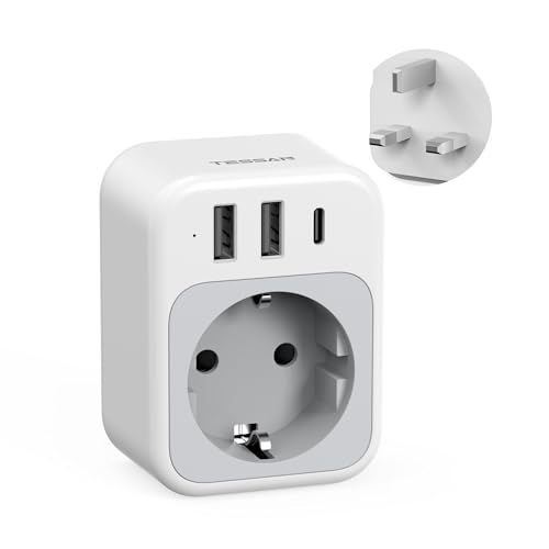 TESSAN Adapter England Deutschland Stecker, UK Adapter mit 1 USB C und 2 USB A, Reiseadapter UK Tragbare, Steckdosenadapter Stromadapter für London S
