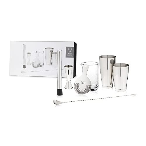 Viski Metallic Cocktail Shaker Set 7pcs Kit, Drink Mixers for Cocktails Gift Essentials: Tin on Tin Shaker, Mixing Glass, Hawthorne Strainer, Double Jigger, Muddler and Barspoon