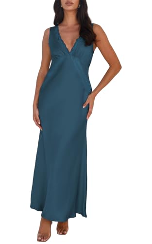 Image of BAGONE Summer Satin Lace V Neck Backless Formal Wedding Guest Maxi Dresses | Silk,Open Back,Sleeveless,Elegant,Cocktail,Bridesmaid,Baby Shower,Party,Prom,Birthday,Vacation,Summer Dresses for Women 2026