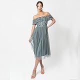 Maya Deluxe Damska sukienka Bardot zdobiona Midi dla druhny, Misty Green, 10