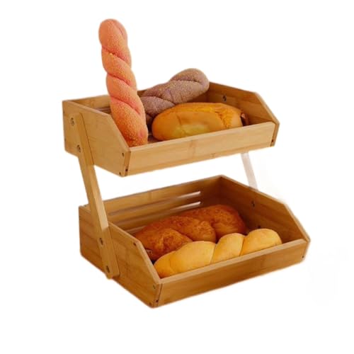 HPAMR Bamboo Fruit Basket, 2-Tier Fruit Stand Wooden Fruit Stand,Wooden Fruit Bowl & Wooden Basket for Kitchen Counter Storage, 2 Levels Fruit Bowl Holder for Counter for Vegetables