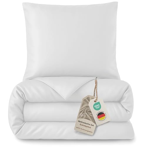 LAYNENBURG Premium Lyocell Bed Linen in 155 x 220 cm + Pillowcases 2 x 80 x 80 cm - 100% Lyocell Tencel Made from Eucalyptus and Other - Oeko-Tex 100 - Cooling Summer Bed Linen with Zip (White)