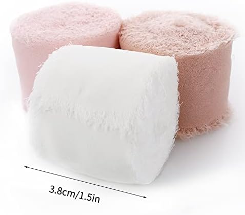 3 Rolls 1.5" x 7Yd Handmade Fringe Chiffon Silk Ribbon, Abeillo Pink Ribbon Frayed Edges Ribbons for Wedding Invitations, Bridal Bouquets, Gift Wrapping