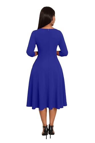 Image of Nmoder Midi Dresses for Women A-Line Fit and Flare Dress 3 /4 Sleeve V Neck Cocktail Wedding Guest Work Dress with Pockets