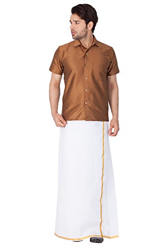 VASTRAMAY Men's Silk Blend Ethnic Shirt - Half Sleeves, South Indian Traditional Shirt for Weddings, Festivals, & Casual Wear