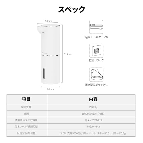 WISEHOOMU ソープディスペンサー LEDディスプレイ TYPE-C充電式 WH-SP-X3 の商品画像 6