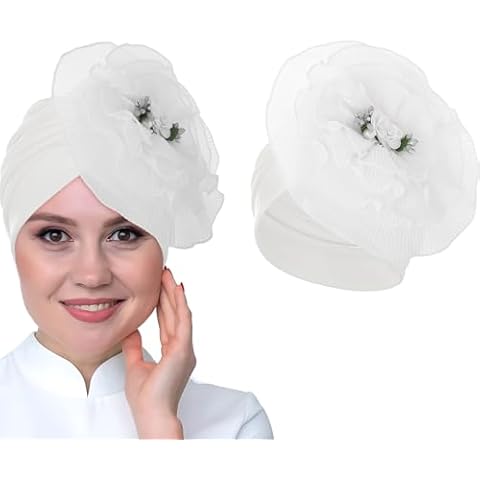 Bohend Flower Turbans Cap Pearl Knot Headwarp Beanie Pre Tied Head Cover Bonnet Women Muslim Stretchy Pleated Headscarf Hat (Polyester, White) Cover