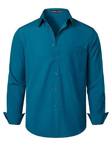 PARKLEES Chemise à coupe droite pour homme - Couleur unie - Sans plis - Manches longues - Chemise d'affaires décontractée avec boutons et poche, Turquoise, L