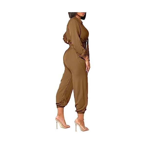 Xinlees-Womens-Elegant-V-Neck-Jumpsuit-Casual-Straight-Trousers-Business-Romper-Formal-Jumpsuit Xinlees Women's Elegant V Neck Jumpsuit Long Sleeve Solid High Waist Pleated Jumpsuit Romper Stretchy Cuffs With Belt(Khaki,XL)