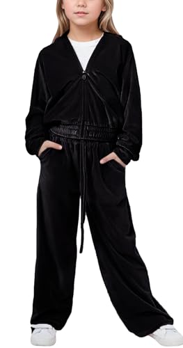 SEAUR Girls Velour Sweatsuit Set Casual Velvet Lounge Sets 2 Piece Crop Top Outfits Zip Up Hoodie and Pants Tracksuit