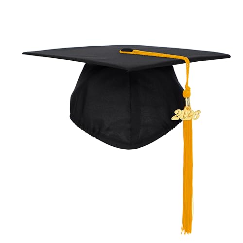 FtyFty Unisex Adult Matte Graduation Cap with Tassel Year Charm (Black with gold)