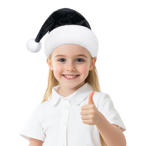 JKSVE Santa Hat for Kids, Velvet Christmas Hat with Pom Pom for Holiday Parties, Black