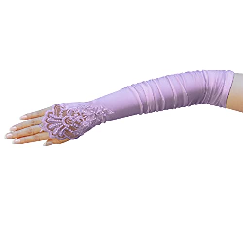 ZaZa Bridal ZAZA BRIDAL Gathered Satin Fingerless Gloves w/Floral Embroidery Lace & Sequins-Lavender, One size Fits Most (BRI-1550LV)