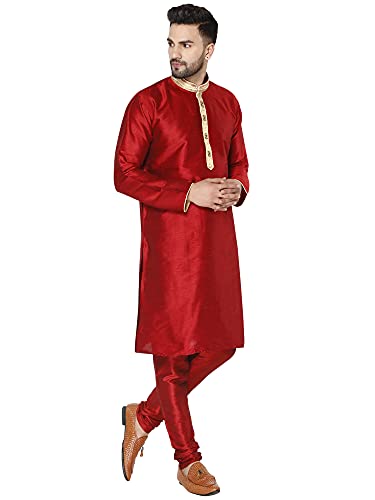 SKAVIJ Men's Tunic Art Silk Kurta Pajama Set Indian Ethnic Dress Suit4