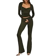 Lrady Women's 2 Piece Lounge Outfits Sets Square Neck Short Sleeve Crop Tops and Fold Over Flare ...