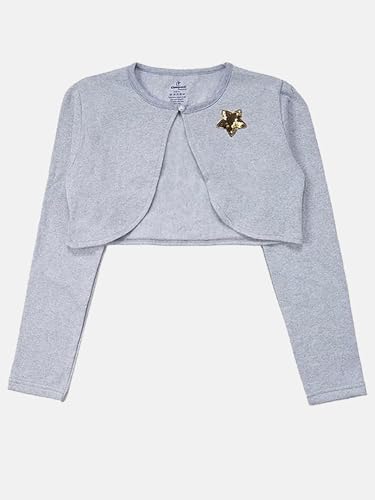 Image of KiddoPanti Girls Fleece Crop Length Shrug | Cotton Poly Fleece Fabric |Sequin Patch on Chest | Front Open Pearl Button Closure | Crop Length, Full Sleeve | Lightweigth & Breathable Girls Shrug
