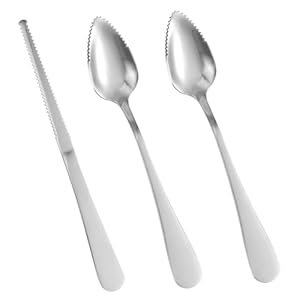 3pcs Grapefruit Spoons and Knife Set with Serrated Edge, Stainless Steel Grapefruit Curved Serving Utensils for Citrus Lemon Kiwi Melon Lime Pitaya Fruit