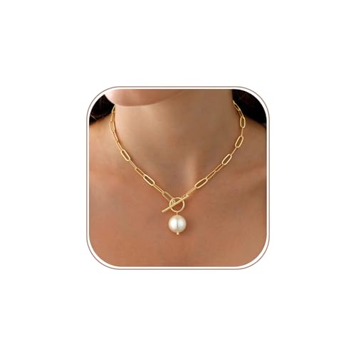 Sewyer Gold Necklace for Women Dainty 14K Gold Plated Pearl Pendant Necklace Simple Paperclip Chain Toggle Clasp Necklaces Fashion Circle Pearl Necklaces for Women Non Tarnish Jewelry Gift for Her