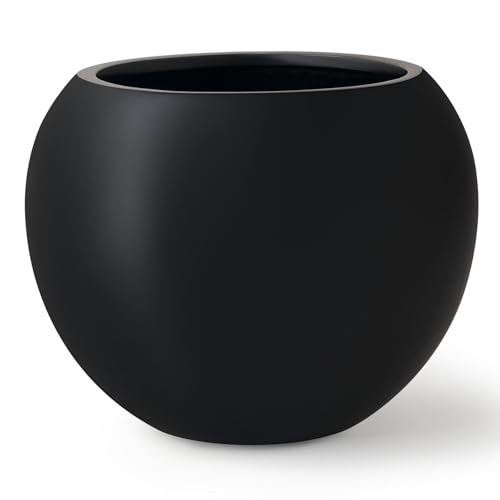 KUTE NEST 9.7" H x 12" D Premium Globo Fiberstone Round Planter with Drainage Hole, Smooth Finishes, Weather Resistant for Indoor and Outdoor Use, Included 2 Extra Coco Mats (Black, 7.8" Pot Opening)