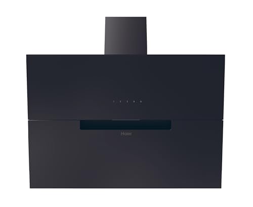 Haier I-Link HADG9CBS4B Campana extractora decorativa, 90 cm, Potencia 843 m3/h, Motor 170W, 4 Velocidades, 63 db, Filtros carbón y Filtros Antigrasa, Luz LED, Cristal Negro