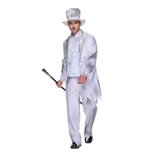 EraSpooky Disfraz de Caballero Fantasma para Hombre Traje Victoriano Blanco Halloween