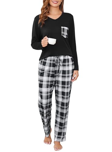 Sopesil Pyjamas for Women Sets Plaid Ladies PJs Long Sleeve Soft 2 Pieces Sleepwear Cosy Loungewear Nightwear with Pockets, Black, M