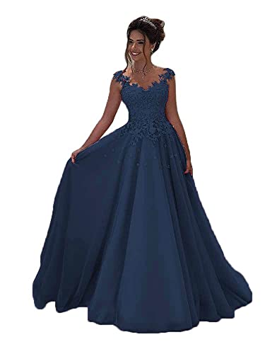 Robe de soirée longue en dentelle fine bleu marine coupe ajustée 34