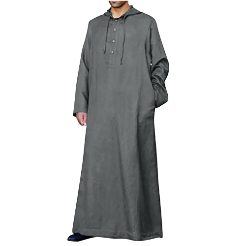 Men's Muslim Arab Caftan Long Sleeve Button Up Long Gown Drawstring Cotton Linen Hooded Muslim Robe Mens Clothing
