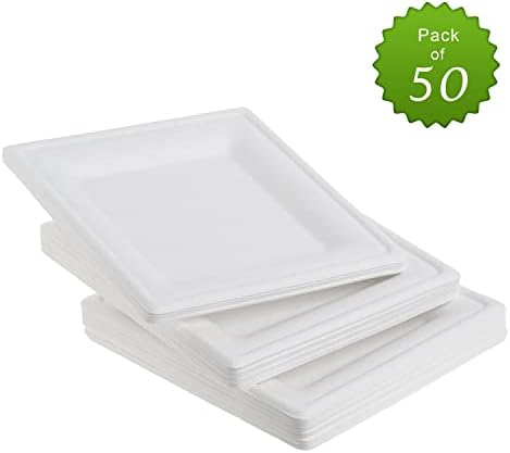 STACKABLES ~ 50 Pack 8" Square Disposable Super Rigid Paper Plates ~ 20.3cm Eco Friendly Sugarcane Bagasse White Party Plate Set (8" Plates)