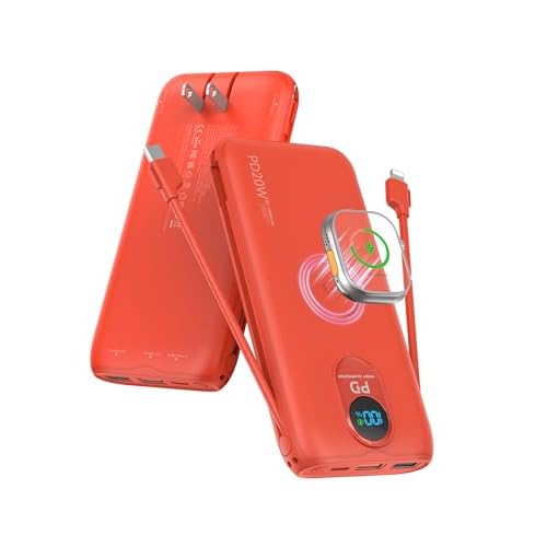 Portable Charger, 10000mAh 20W Fast Charging Power Bank with Built in Cables & AC Wall Plug & LED Display, Travel Essentials Battery Pack Powerbank for iPhone, iPad, iWatch, Samsung, Red