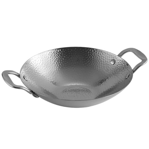 Beaupretty Olla Seca de Acero Inoxidable Doble Asa, Sartén Wok de 9 Pulgadas, Utensilio de Cocina para Hogar y Camping, Sartén Metálica Resistente para Estofado y Barbacoa