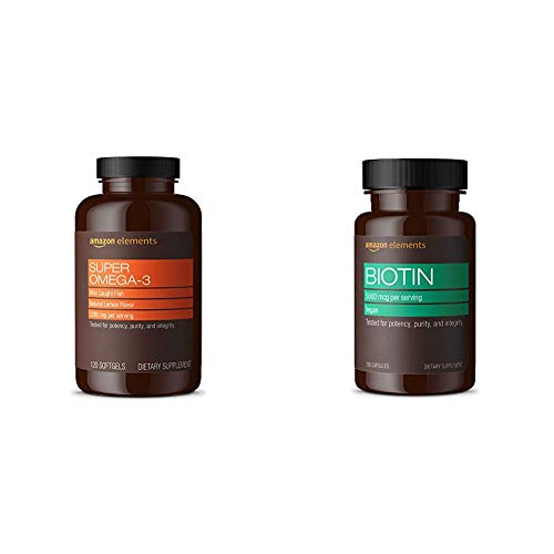 Amazon Elements Super Omega-3, Natural Lemon Flavor, 1280 mg per Serving (2 Softgels), 120 Softgels & Biotin 5000 mcg, Vegan, 130 Capsules (4 Month Supply)