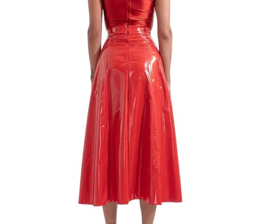 Women High Waist A Line Faux Leather Long Pleated Skirt with Zipper Back Business Casual Skirts3