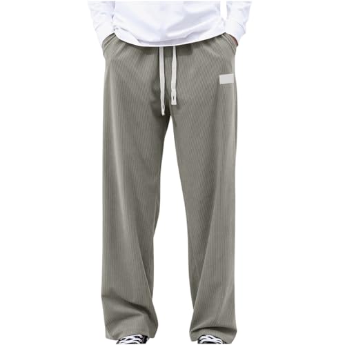Mens Corduroy Pants Drawstring Elastic Waist Straight Leg Lounge Pants Baggy Fit Open Bottom Sweatpants with Pockets