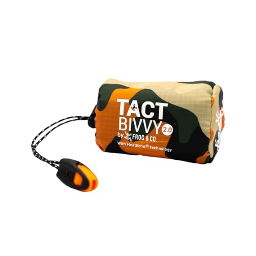 Survival Frog Tact Bivvy 2.0 Emergency Sleeping Bag w/Stuff Sack, Carabiner, Survival Whistle, ParaTinder - Compact, Lightweight, Waterproof, Reusable, Thermal Bivy Sack Cover, Shelter Kit (Camo)