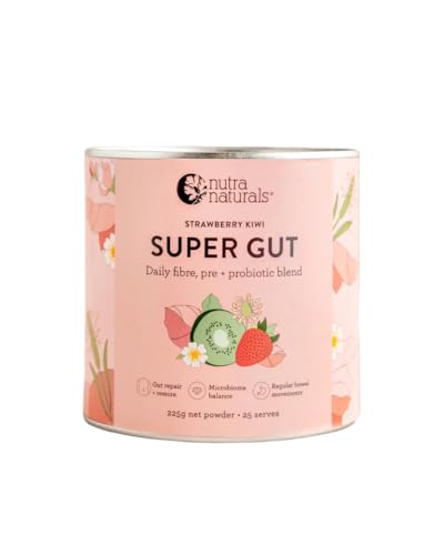 Nutra Naturals Super Gut Strawberry Kiwi Health Supplement 225g | Organic Prebiotics, Fibre & Probiotics | Supports Digestion, Regularity & Gut Repair (25 Serves)