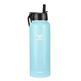 Vmini Water Bottle with Straw, Wide Rotating Handle Straw Lid, Wide Mouth Vacuum Insulated Stainless Steel Water Bottle, Nattier Blue, 40 oz