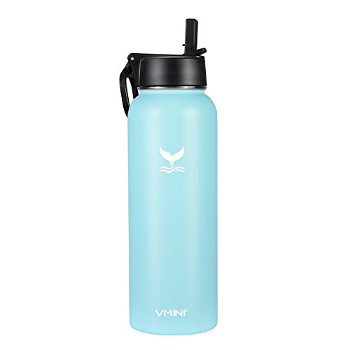 Vmini Water Bottle with Straw, Wide Rotating Handle Straw Lid, Wide Mouth Vacuum Insulated Stainless Steel Water Bottle, Nattier Blue, 40 oz