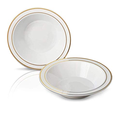 50 Disposable White Gold Trim Plastic Soup Bowls | 14 Oz. Premium Heavy Duty Disposable Dinnerware With Real China Design | Safe & Reusable And Great For Parties Or Weddings. (50-Pack) Gold #TOP5
