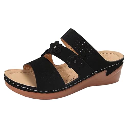 Sandales compensées femme bout rond motif floral et fil à coudre