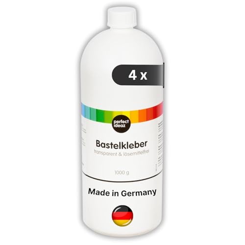 perfect ideaz – Bastelkleber 4 x 1.000 ml - transparent & lösungsmittelfrei - starker PVA Flüssigkleber für Papier, Pappe, Stoff, Filz - auswaschbar, ungiftig, Made in Germany, (4 Flaschen á 1 Liter)