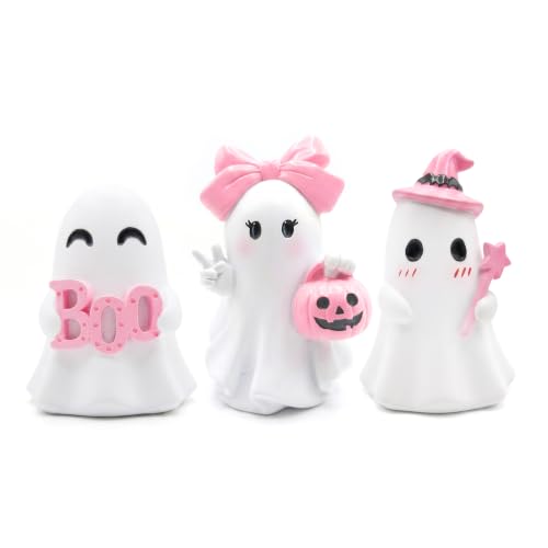 Stylor 3 Pcs Pink Halloween Ghost Figurines Decor - Cute Kawaii Pastel Halloween Decor with Pumpkin Small Resin Desk Statue Decorations for Tiered Tray Gifts for Women