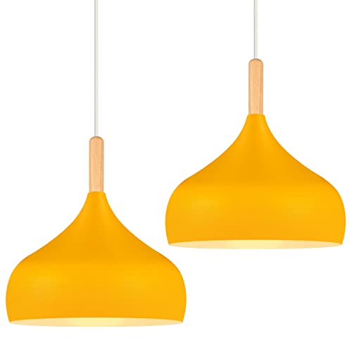 iDEGU 2 Pezzi Lampadario a Sospensione Retrò 24cm Lampada a Soffitto in Legna Metallo Moderna LED Lampada a Sospensione Stile Scandinavo Plafoniera per Sala da Pranzo Camera da Letto (Giallo)