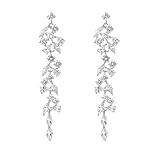Silver Diamond Dangle Earrings for Women,Long Pendant Diamond Tassel Earrings,Crystal Tassel Leaf Earrings Designed for Weddings,Sterling Silver Drop Earrings,Silver Earrings for Parties and Balls